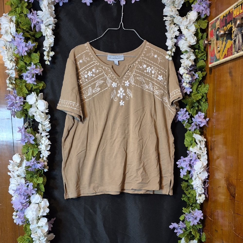 Embroidered V-Neck Short Sleeve Top - Taupe